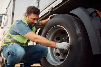 Truck driver inspecting safety of tires before the ride