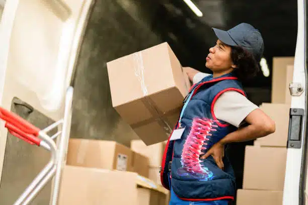 Black female courier experiencing pain in lower back while unloading packages from a mini van.
