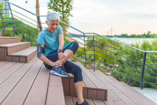 Old woman suffers from ankle pain after doing some outdoor exercises.