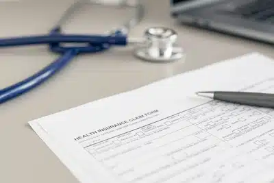 Health Insurance claim form on desk covering chiropractic care for dock work injury